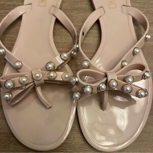 Bow-Accent Pearl Jelly Sandals - Nude Pink